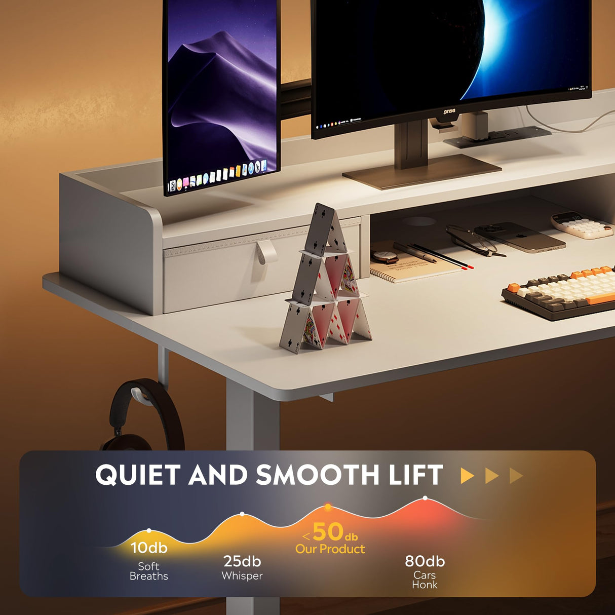 DEVAISE 48×24 Inch Electric Standing Desk with Drawers, Computer Desk with 3 Adjustable Height, Storage Shelf, Built-in AC & USB Outlets and Memory Preset, Sit to Stand Desk for Home Office, White DEVAISE