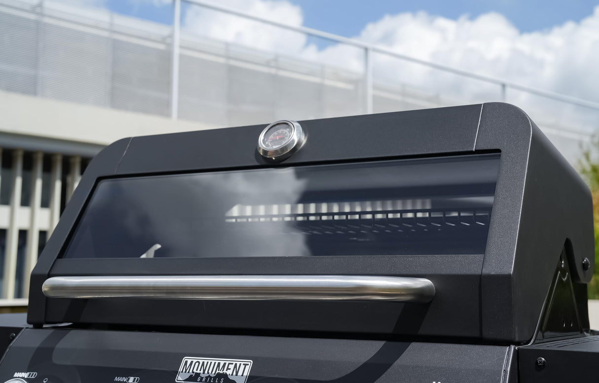 Monument Grills 4-Burner Liquid Propane Gas Grill, Black Stainless Steel Grill with Clearview® Lid and One Foldable Shelve for Outdoor Cooking Kitchen and Patio Backyard, Mesa420MF with BBQ Cover Monument Grills