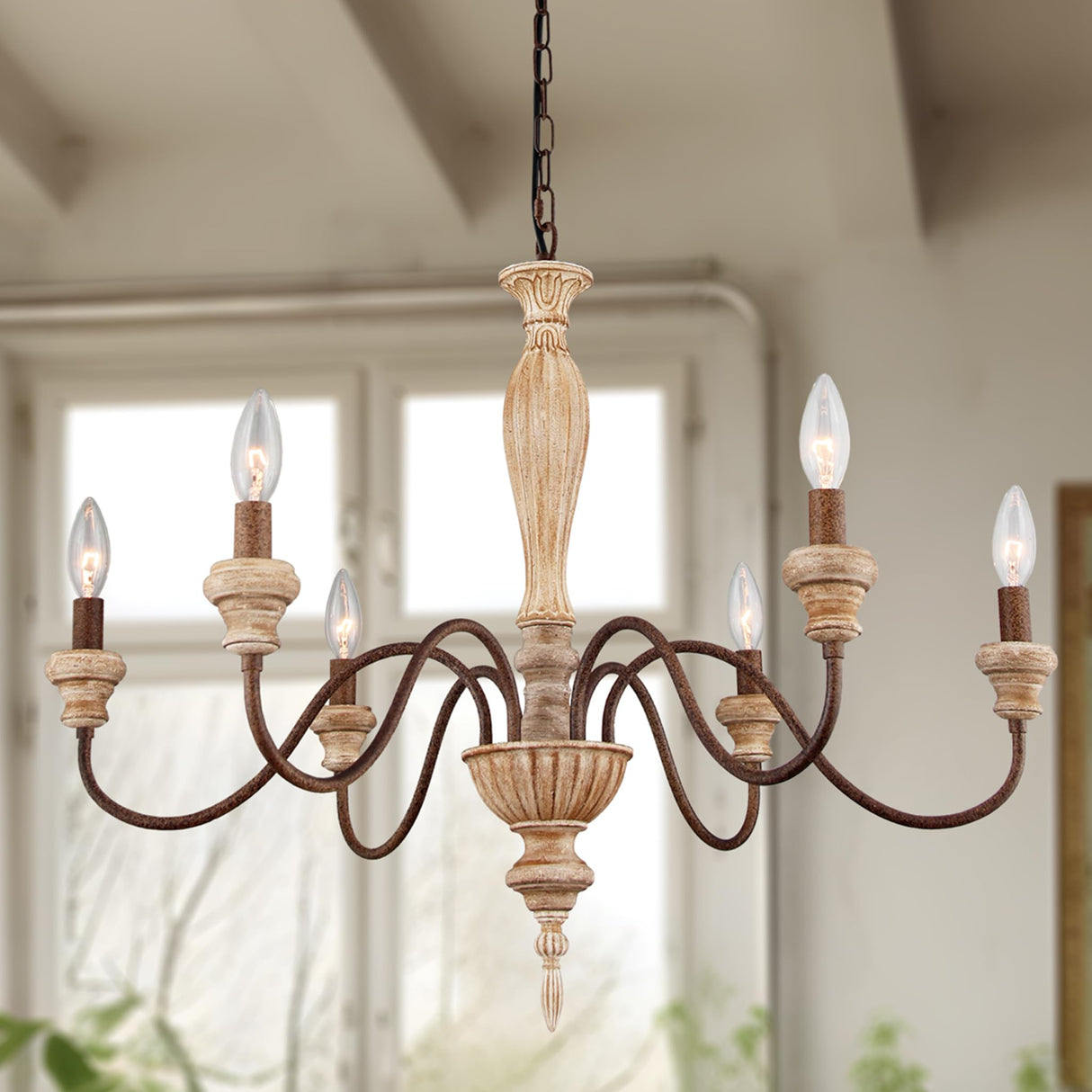 Fminlla French Country Chandelier 6-Lights Vintage Farmhouse Candle Style Chandelier Rustic Handmade Distressed Wood Chandelier for Dining Room Light Fixture, Living Room, Bedroom,Kitchen, E12 Fminlla