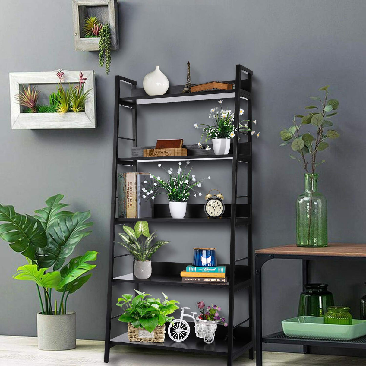 Homdox 5 Tier Ladder Shelf, Industrial Bookshelf Wood and Metal Bookcase, Plant Flower Stand Rack Book Rack Storage Shelves for Home Decor Homdox