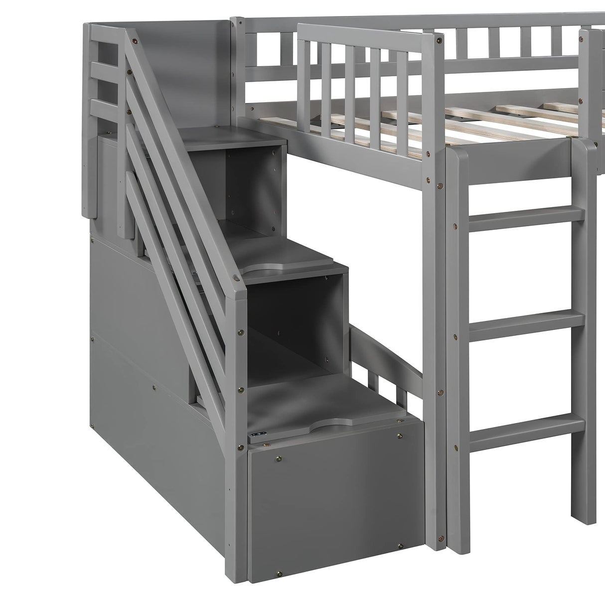 Twin Loft Bed with Slide and Storage Stairs for Kids - Grey Bellemave