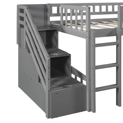 Twin Loft Bed with Slide and Storage Stairs for Kids - Grey - WoodArtSupply