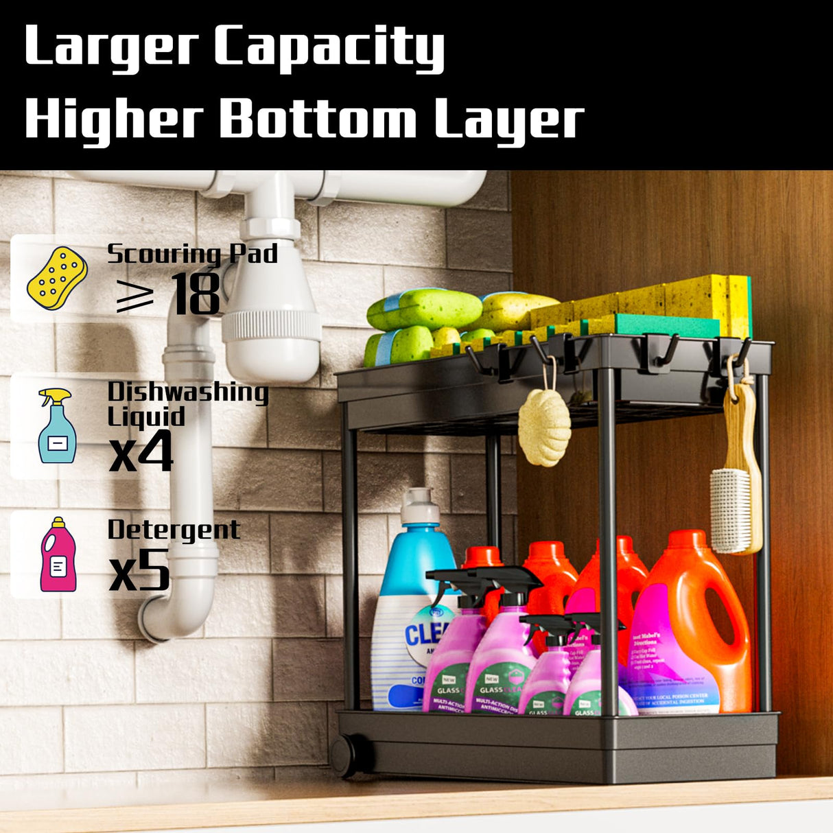 Cicilyna 2 Pack Under Sink Organizer, 2 Tier Bathroom Cabinet Organizers and Storage with Hook, Multi-purpose Storage Basket Shelf for Kitchen, Black Cicilyna