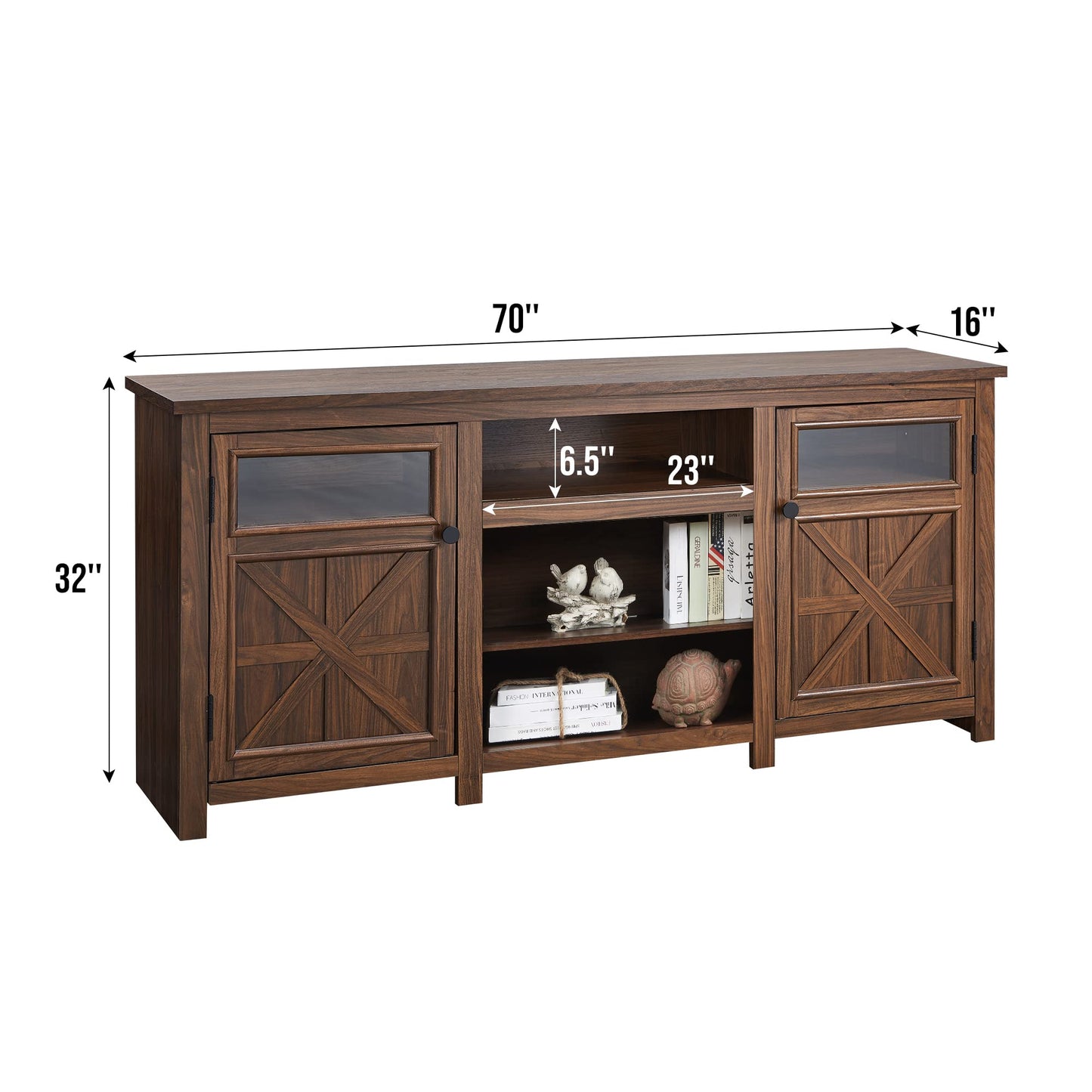 JXQTLINGMU Farmhouse TV Stand for 75 Inch TV, Entertainment Center with Storage, Modern TV Cabinet with Barn Doors, 66" Rustic TV Console for Living Room, Adjustable Shelf - Brown - WoodArtSupply