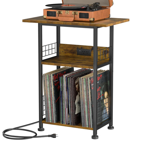 PLOOHT Record Player Stand - 3 Tier End Table with Charging Station, Turntable Stand for Vinyl Record Storage, Record Player Table for Living Room Bedroom (Rustic Brown) PLOOHT