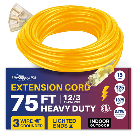 75ft Power Outdoor Extension Cord & Indoor - Waterproof Electric Drop Cord Cable - 3 Prong, 3-Outlet, SJTW, 12 Gauge, 15 AMP, 125 Volts, 1875 Watts, 12/3 ETL Listed by LifeSupplyUSA - Yellow (1 Pack) LifeSupplyUSA