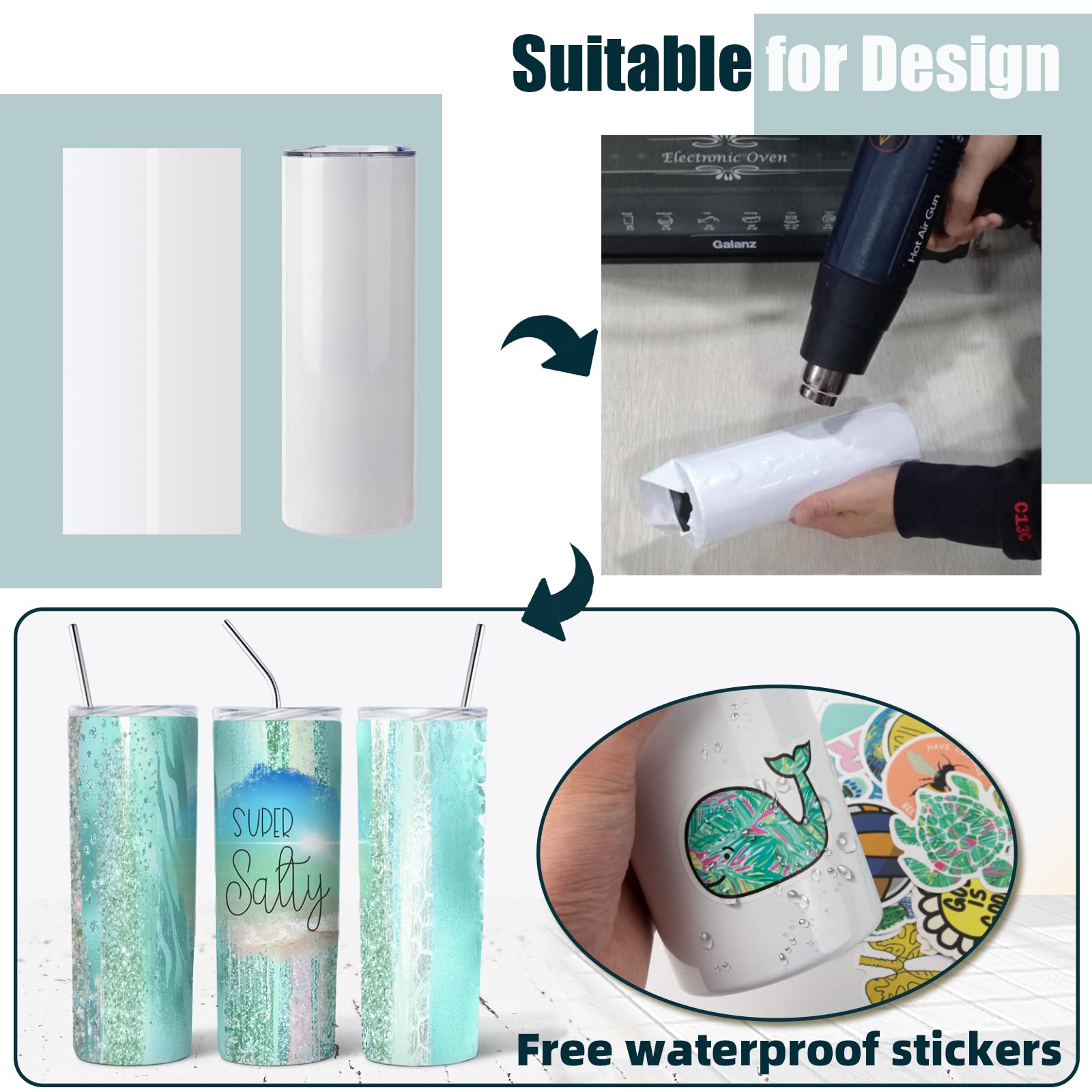 ROTERSTEIN 8 Pack 20 oz Sublimation Tumbler Set Double Walled Stainless Steel Skinny Straight Blank Tumbler Bulk with Lid, Straw, DIY Stickers Shrink Wrap, Rubber Base for Heat Transfer Heat  - WoodArtSupply