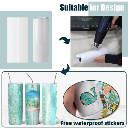 ROTERSTEIN 8 Pack 20 oz Sublimation Tumbler Set Double Walled Stainless Steel Skinny Straight Blank Tumbler Bulk with Lid, Straw, DIY Stickers Shrink Wrap, Rubber Base for Heat Transfer Heat  - WoodArtSupply