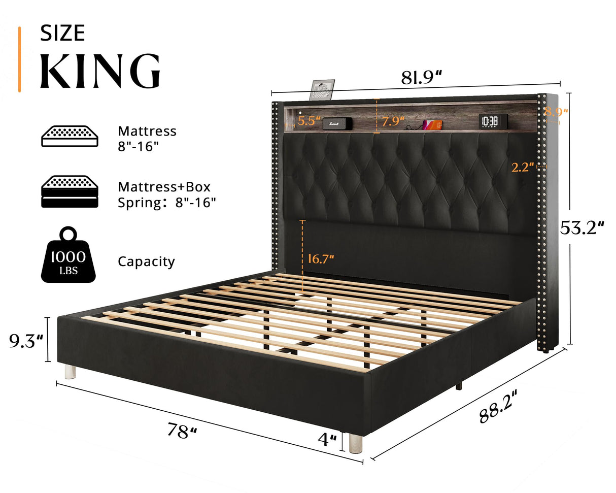 Jocisland LED Bed Frame with Velvet Upholstery and Charging Station, King Size Jocisland