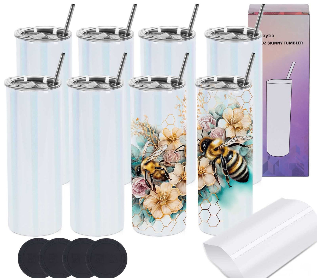 Wzaytia Glitter Sublimation Tumblers 20 Oz Skinny Straight, 8 Pack Sublimation Glitter Shimmer Tumbler Blanks, Individually Boxed Stainless Steel Glitter Tumblers, White Wzaytia