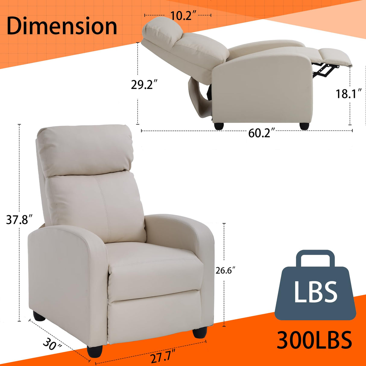 MKDLUFEI Adult Recliner Chair PU Leather Massage Recliner Sofa with Lumbar Support, Push Back, Armrests, Footrest, Adjustable Home Theater Seating for Living Room Home Theater (Black) (Beige) MKDLUFEI