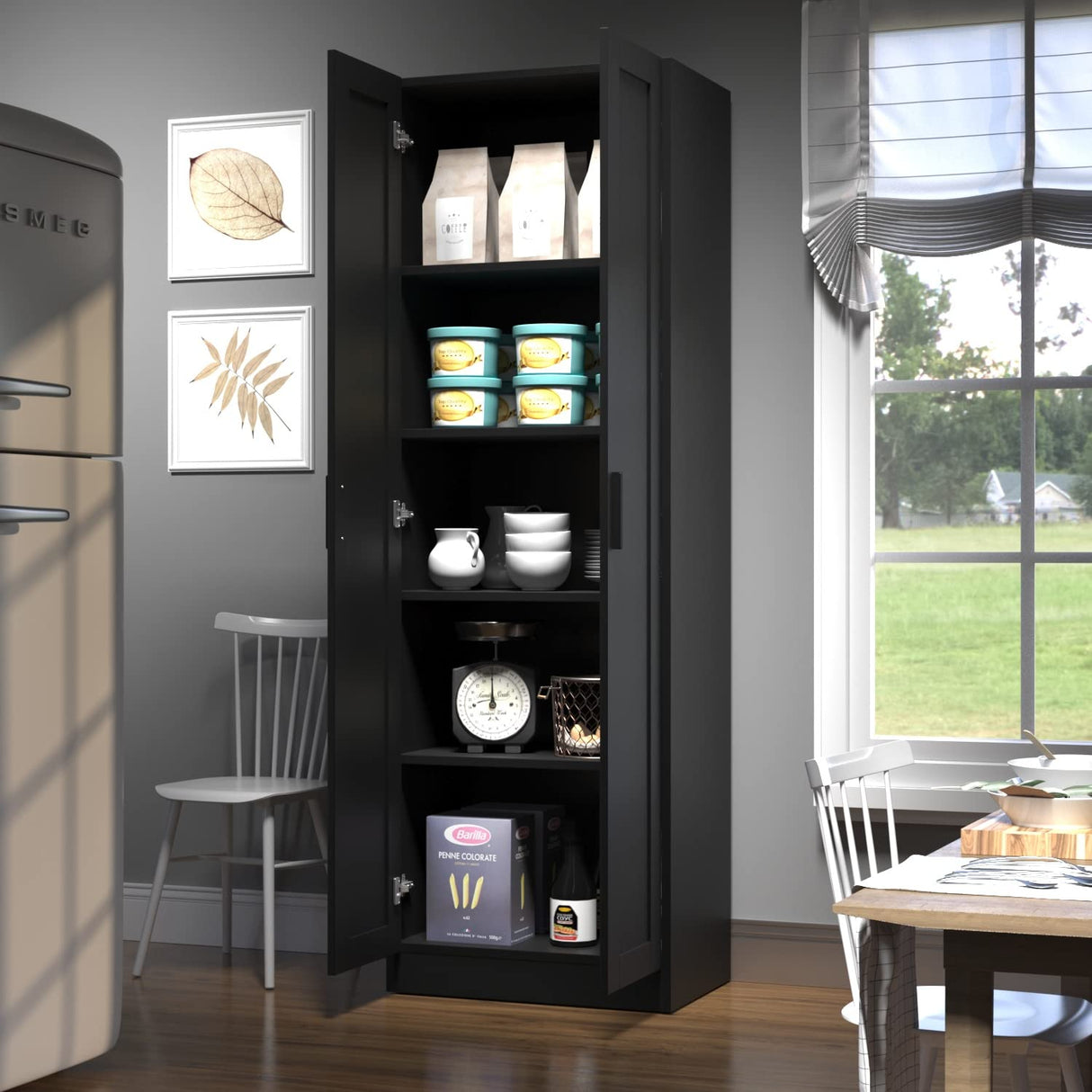 Panana Wooden Tall Storage Cabinet, Collection Food Pantry Cabinet Narrow Cabinet Free Standing with 2 Doors and Shelves (Black-s, 45P) Panana
