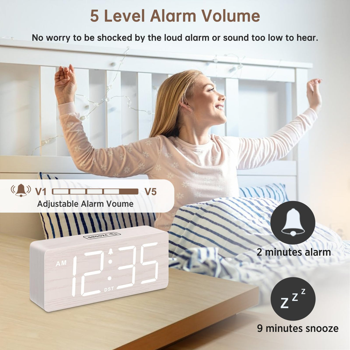 DreamSky Wooden Digital Alarm Clock for Bedroom - Wood Desk Clocks for Living Room with Large Numbers, Dimmer, USB Port, Loud Alarm for Heavy Sleepers with Volume Control, DST DreamSky