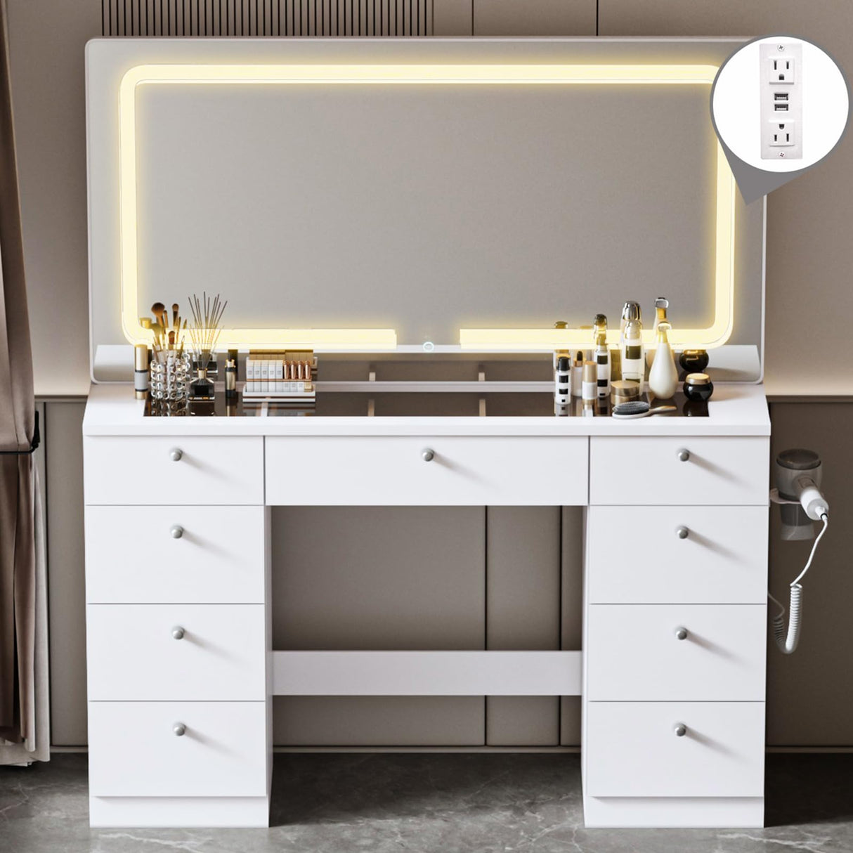JassmiPkwy 46 INCH Makeup Vanity Desk with Mirror - Glass Tabletop Vanity Table with Lights, Drawers, Power Outlet, Large Storage Desk for Bedroom, White JassmiPkwy