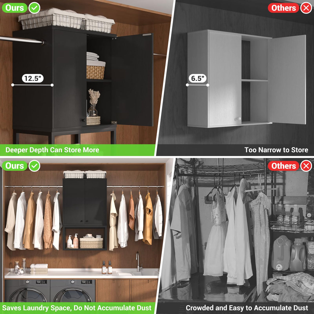 Homieasy Wall Cabinet with 2 Hanging Rods, 67'' Wide Laundry Wall Cabinet with 2 Doors, Open Rack & Adjustable Inner Shelf, Storage Cabinet Wall Mounted for Laundry & Bathroom, Black Homieasy