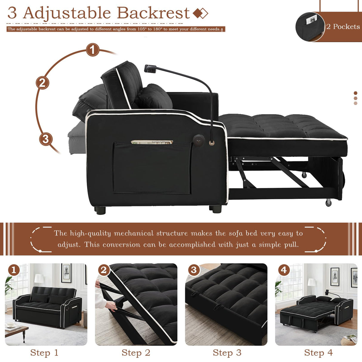 Pull Out Sofa Bed with Phone Holder, Convertible Velvet Loveseat Sleeper with 2 USB Charging Ports, Modern Futon Couch with Cup Holders and Adjustable Backrest, Small Love Seat for Living Room, Black KINFFICT