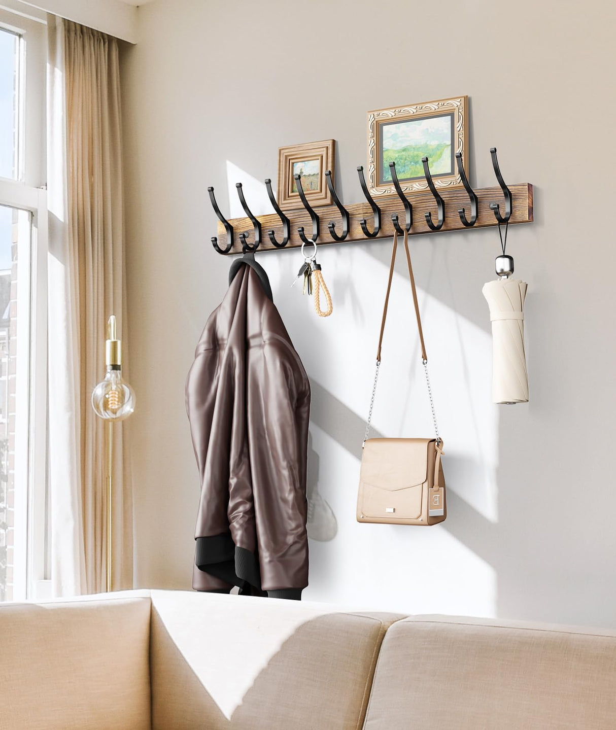 Optish 16.2" Wooden Coat Rack Wall Mount, Rustic Coat Hooks Wall Mounted, 1 Pack Wall Coat Rack with Hanger for Hat, Clothes, Bags, Jacket. etc Optish