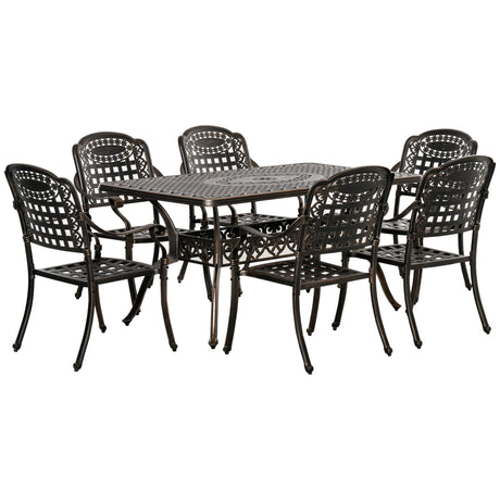 Outsunny 7-Piece Patio Dining Set, Cast Aluminum Outdoor Furniture Set with 6 Armchairs, 1 Table and Umbrella Hole, Bronze Outsunny