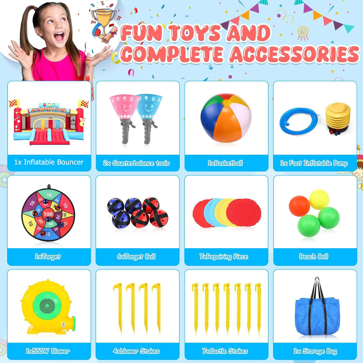 WHUBEFY Bounce House, Large Inflatable Obstacle Bouncy House with Big Jumping Area for Kids 3-12, Double Basketball Hoops & Bouncer Slides, Ball Pits, Throw Ball Game, Jump House 550W Blower Included Whubefy