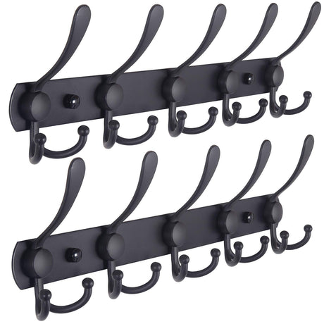 Dseap Coat Rack Wall Mounted - 5 Tri Hooks, Heavy Duty, Stainless Steel, Metal Coat Hook Rail for Coat Hat Towel Purse Robes Mudroom Bathroom Entryway (Black, 2 Packs) Dseap