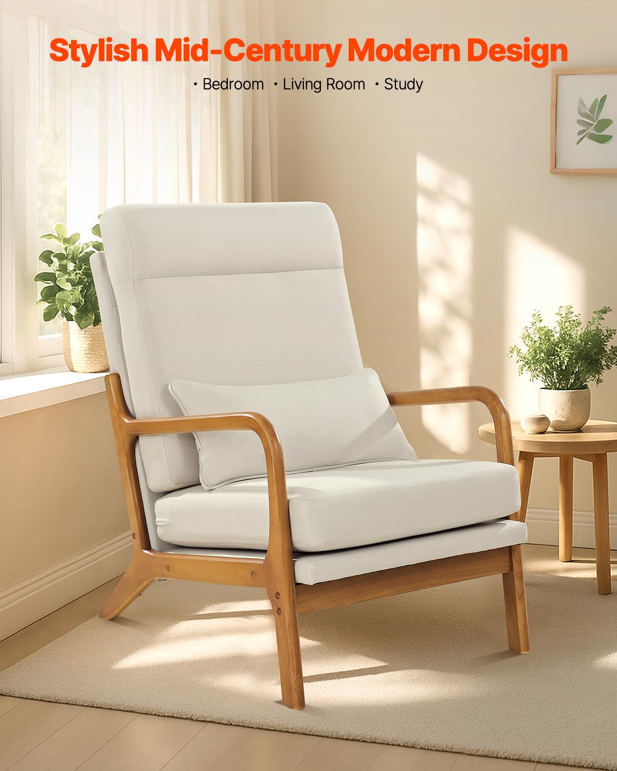 VEVOR Accent Chair, High Back Mid Century Modern Armchair with Solid Wood Frame and Non-Slip Legs, Upholstered Leisure Chair with Linen Fabric and 5.3 in Thickened Cushion, for Living Room, Bedroom VEVOR