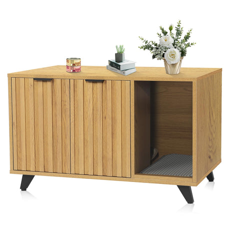 QuicMiou Cat Litter Box Enclosure, Modern Cat Litter Box Furniture Hidden, with Scratching Pad, 4 Metal Legs, Cat House, Natural Oak QuicMiou