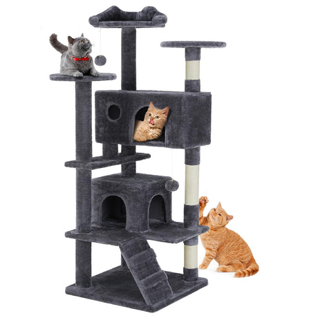 Sweetcrispy 54-Inch Cat Tree Tower – Multi-Level with Sisal Scratching Post, Perfect Pet Gift, Indoor Condo with Climbing Ladder, Plush Toy, and More Animal Stuff, Grey Sweetcrispy
