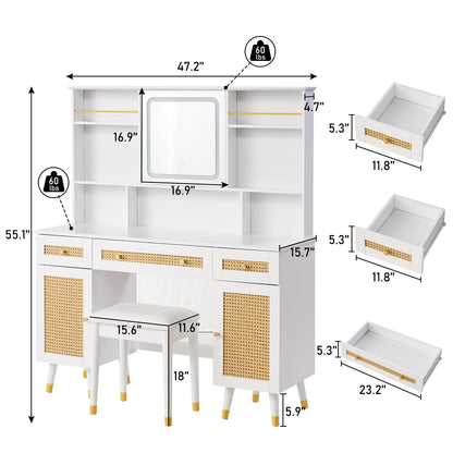 AMERLIFE Rattan Makeup Vanity Desk with Mirror and Lights, 47'' Modern Vanity Table with 3 Drawers & Shelves, Boho Large Vanity Set with 2 Rattan Door Cabinets for Bedroom, Stool Included, Wh - WoodArtSupply