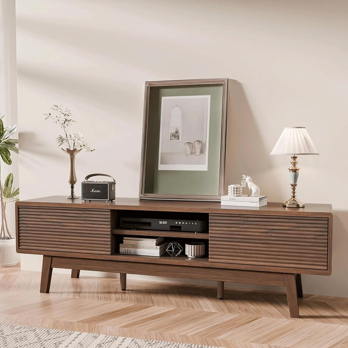 TOLEAD TV Console, Mid Century Modern Media Console for 55/60/65 Inch TV, Low Profile TV Stand with Fluted Sliding Doors, Boho Light Wood Credenza for Living Room (Walnut, 59") TOLEAD