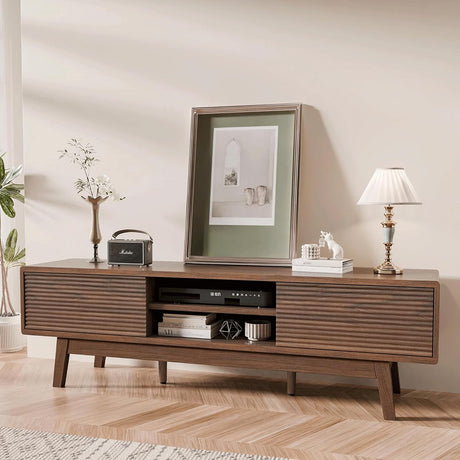 TOLEAD TV Console, Mid Century Modern Media Console for 55/60/65 Inch TV, Low Profile TV Stand with Fluted Sliding Doors, Boho Light Wood Credenza for Living Room (Walnut, 59") TOLEAD