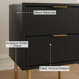 Masupu Nightstand,Mid-Century Modern Bedside Table with 2 Storage Drawer,Small Gold Frame Side End Table for Bedroom,Living Room, Black Masupu