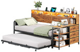 VIAGDO Daybed Twin with Pop Up Trundle, Farmhouse Wooden Day Bed Frame with 3 Storage Drawers and Shelves, Twin to King Daybed with Charging Station and LED Lights for Bedroom, Rustic Brown VIAGDO