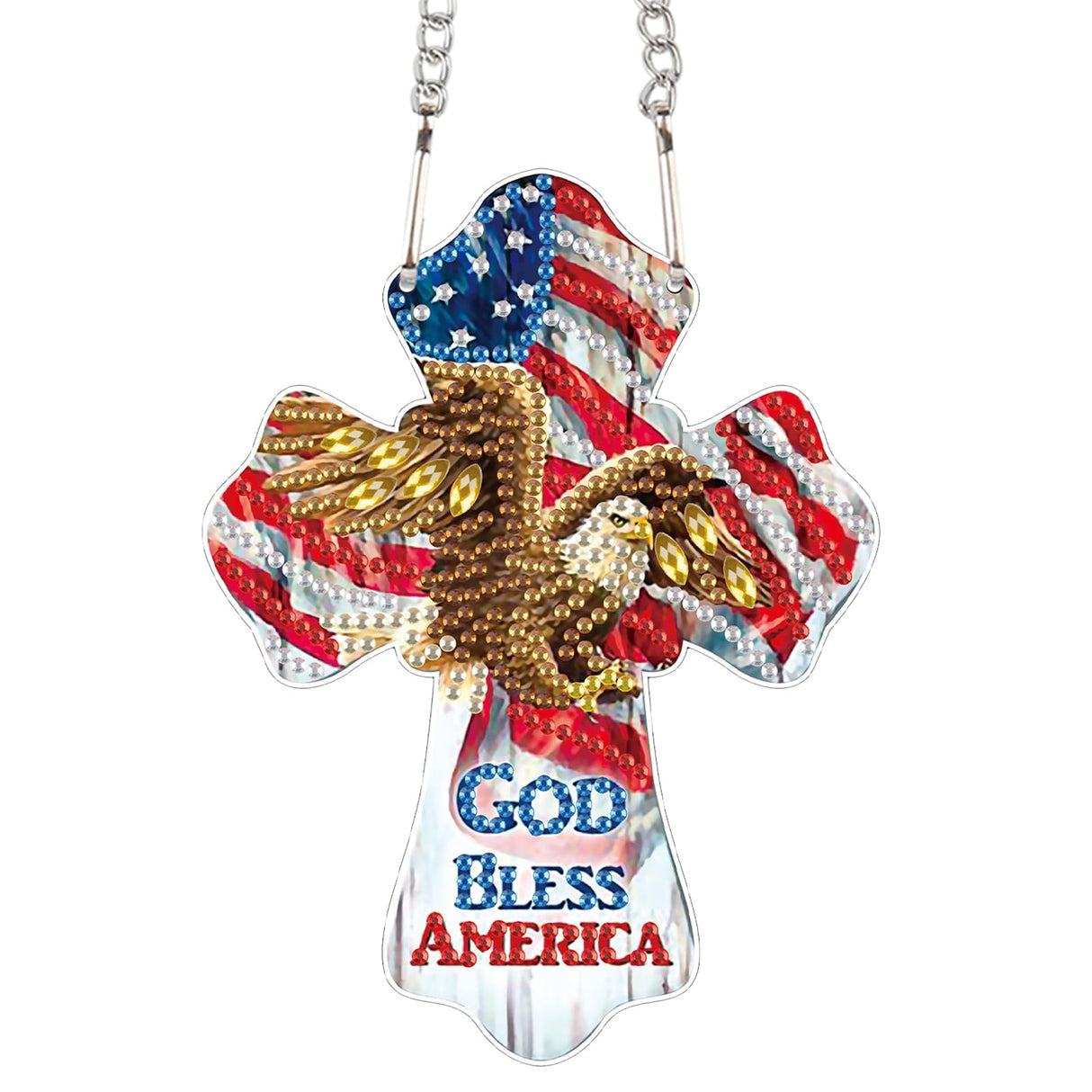 God Bless America Diamond Painting Hanging Ornament - Patriotic Cross with Eagle & American Flag - DIY 5D Diamond Art Kit with Chain - Independence Day Home Decor - Handmade Beaded Sun Catcher Gift AiYuanzsh