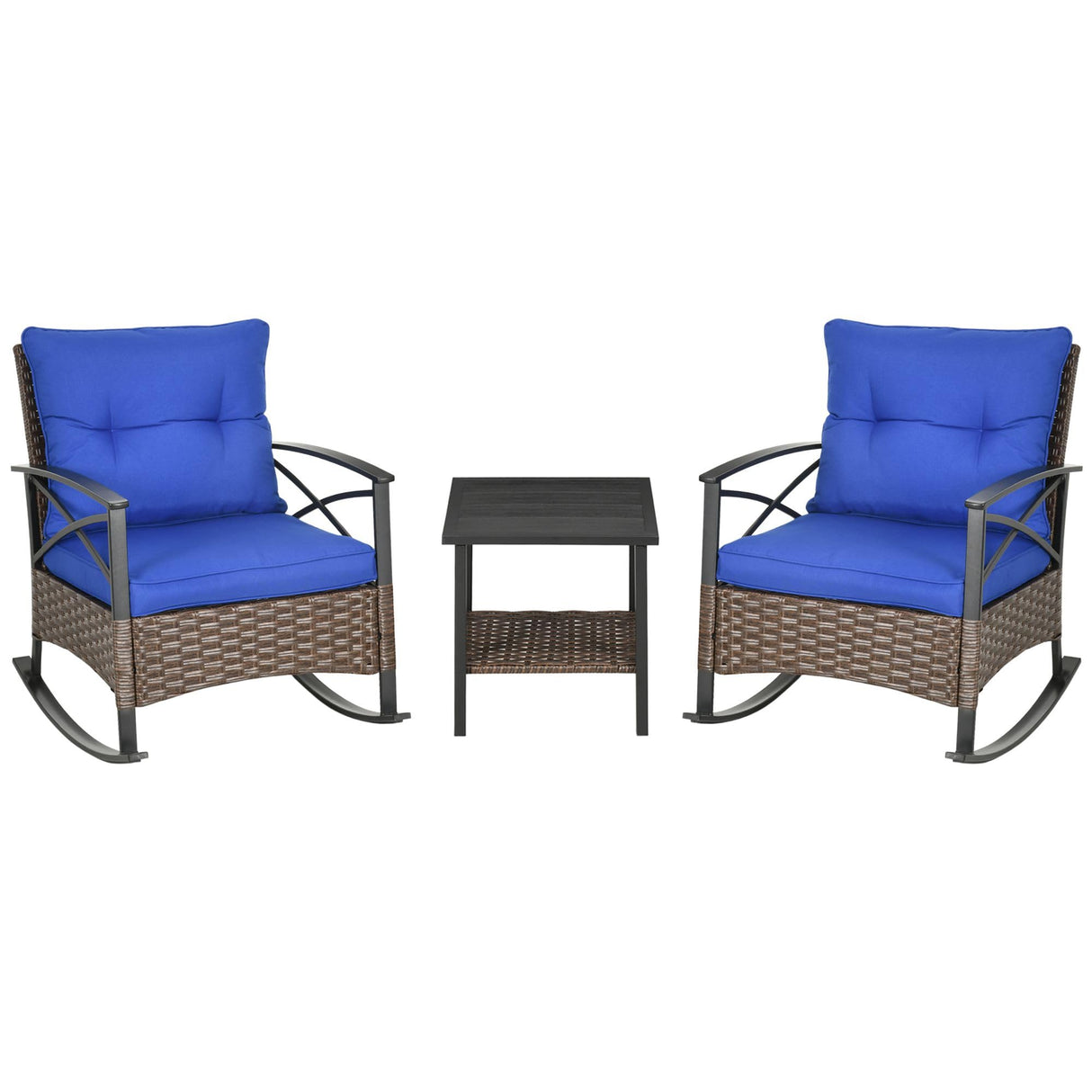 Outsunny 3 Piece Patio Rocking Chair Set, Outdoor Wicker Bistro Set with 2 Cushioned Porch Rockers and 2 Tier Coffee Table for Garden, Porch, Backyard, Blue Outsunny