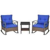 Outsunny 3 Piece Patio Rocking Chair Set, Outdoor Wicker Bistro Set with 2 Cushioned Porch Rockers and 2 Tier Coffee Table for Garden, Porch, Backyard, Blue Outsunny