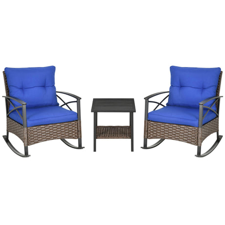Outsunny 3 Piece Patio Rocking Chair Set, Outdoor Wicker Bistro Set with 2 Cushioned Porch Rockers and 2 Tier Coffee Table for Garden, Porch, Backyard, Blue Outsunny