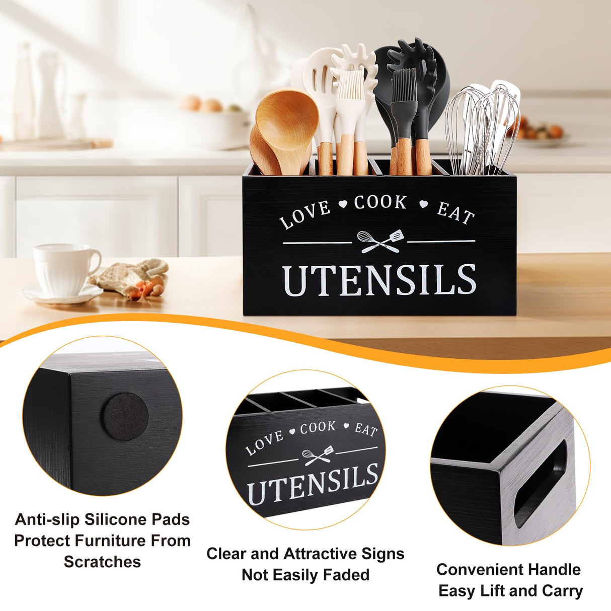 Black Farmhouse Utensil Holder for Kitchen Counter Extra Large Cooking Utensil Holder Caddy Utensils Storage Organizer for Countertop Rustic Wood Kitchen Tool Decor Utensil Crock Spatula Holder Renawe