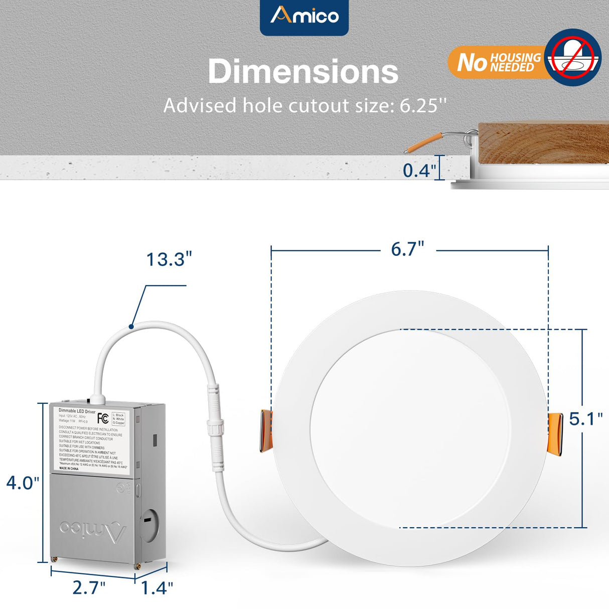 Amico 12 Pack 6 Inch 5CCT Ultra-Thin LED Recessed Ceiling Light with Junction Box, 1050LM Brightness, Dimmable Canless Wafer Downlight, 12W, ETL&FCC Amico