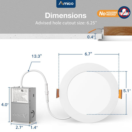 Amico 12 Pack 6 Inch 5CCT Ultra-Thin LED Recessed Ceiling Light with Junction Box, 1050LM Brightness, Dimmable Canless Wafer Downlight, 12W, ETL&FCC Amico