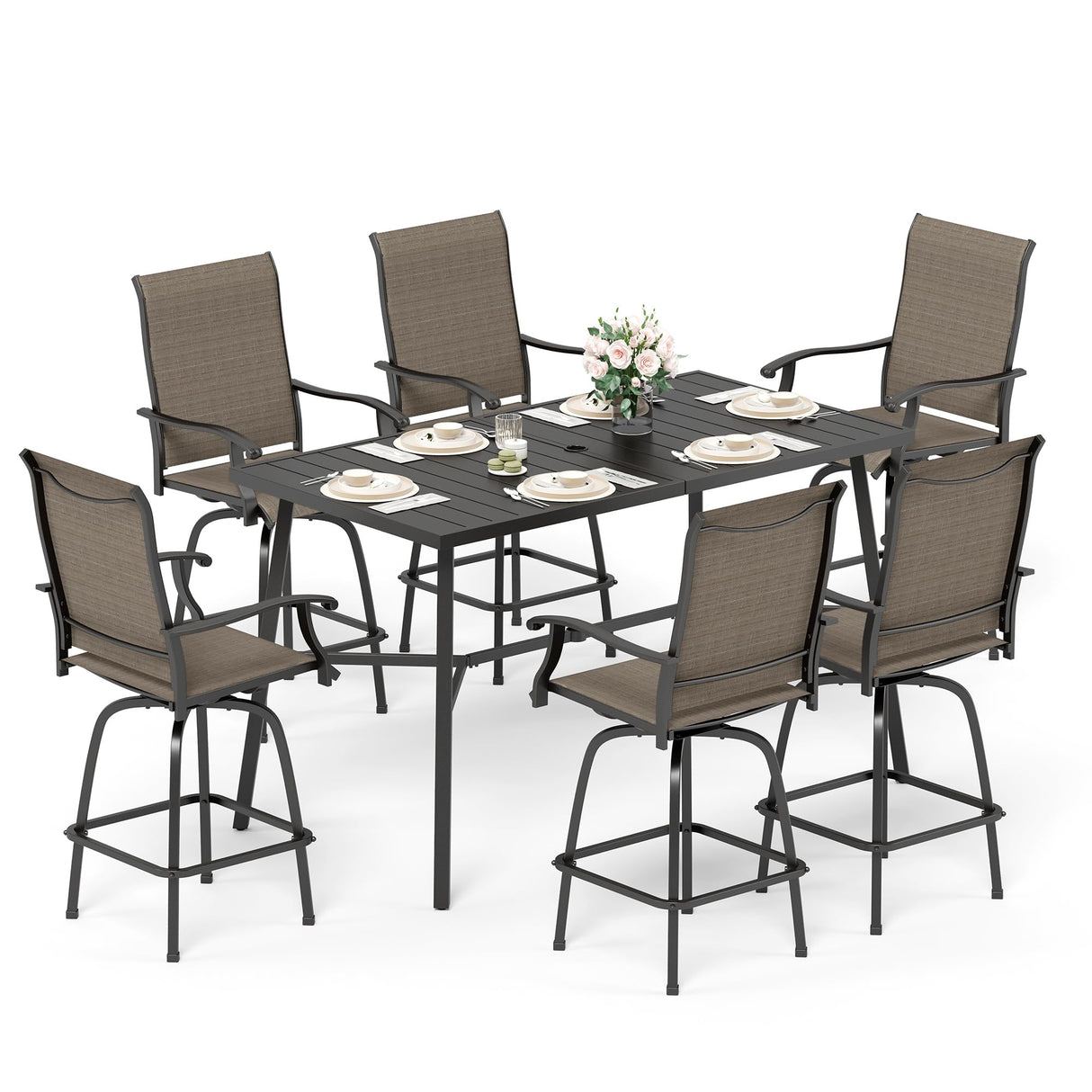 Sophia & William Outdoor Bar Set, Patio Bar Table and Chairs Set, Bar Height Patio Set - 6 x Swivel Bar Chairs(Brown), 1 x Rectangular Bar Table(Black) Sophia & William
