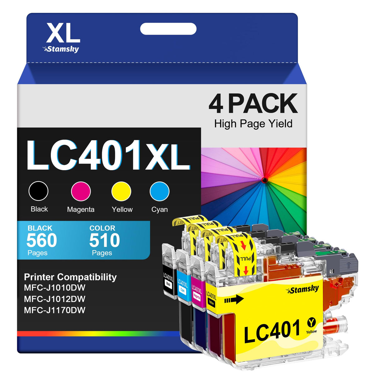 LC401 Ink Cartridges Compatible for Brother LC401 XL BK LC401XL LC 401 LC401BK High Yield to use with Brother MFC-J1010DW MFC-J1012DW MFC-J1170DW (4-Pack, Black Cyan Magenta Yellow) Stamsky