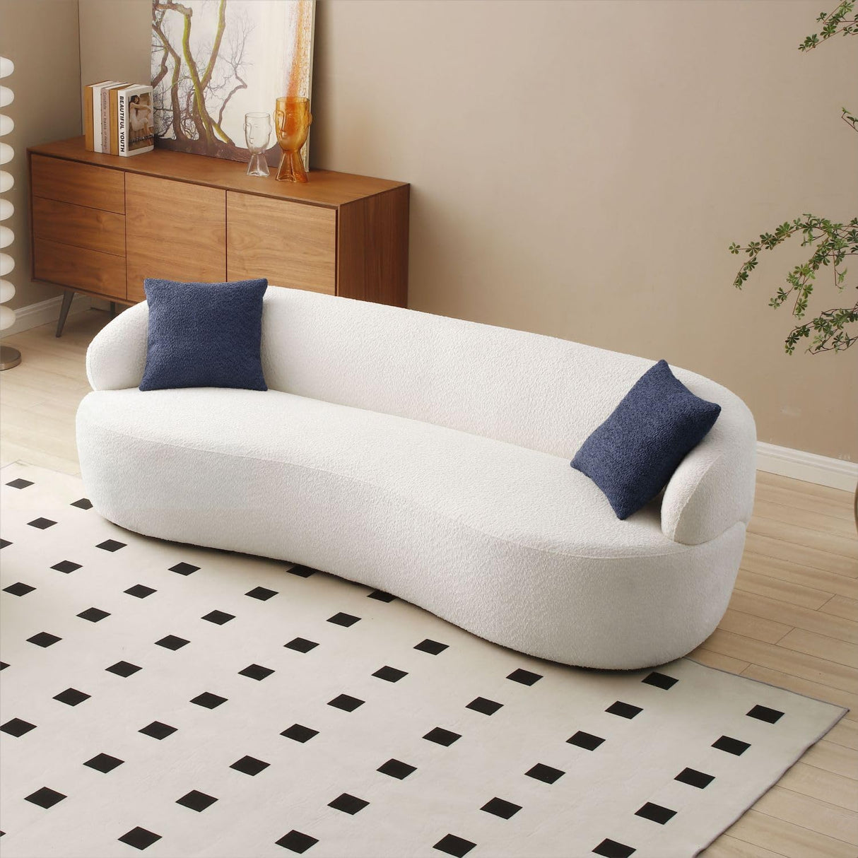 KEVINSPACE 86.61" Curved Sofa, Mid Century Modern Living Room Sofa, 3 Seater Boucle Couch with 2 Pillows, Luxury Curved Back Sofa Cream Couch for Bedroom, Office, Apartment, Beige KEVINSPACE