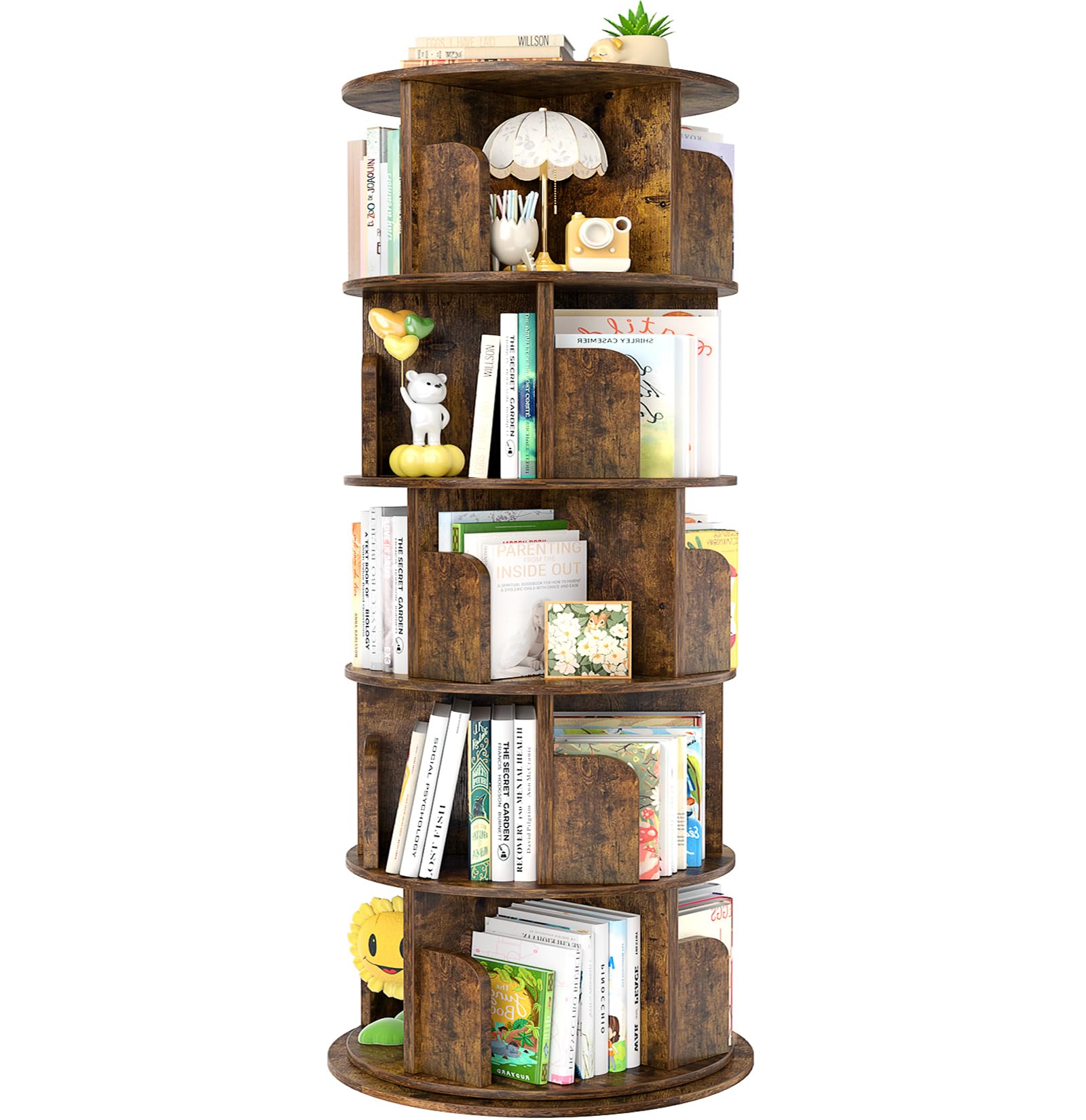 Stylish 360° Rotating 5-Tier Bookshelf in Rustic Brown for Space-Saving Storage - WoodArtSupply