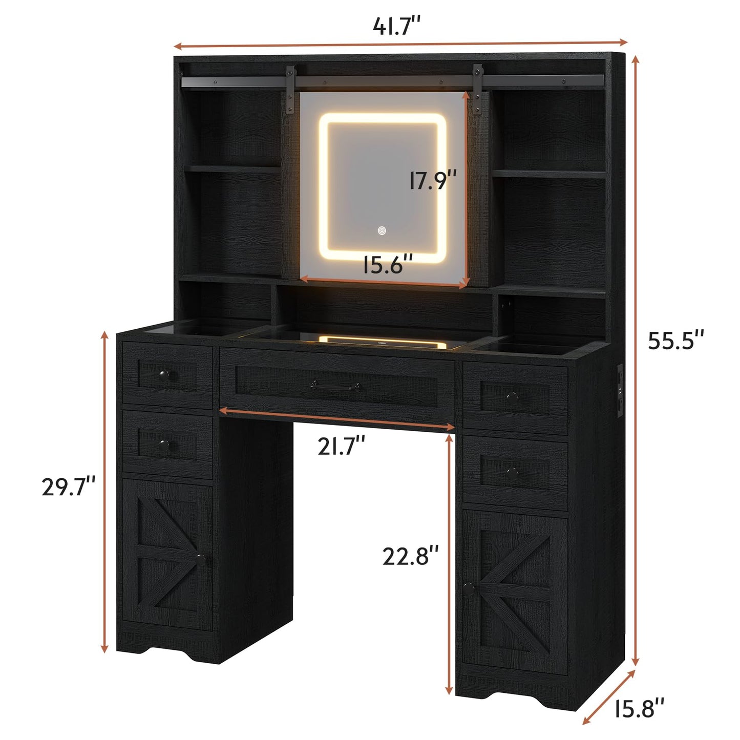 BTHFST Farmhouse Makeup Vanity with Lights & Sliding Mirror, Glass Top Vanity Desk with Charging Station, Large Makeup Table with 5 Drawers & Shelves