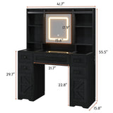 BTHFST Farmhouse Makeup Vanity with Lights & Sliding Mirror, Glass Top Vanity Desk with Charging Station, Large Makeup Table with 5 Drawers & Shelves BTHFST