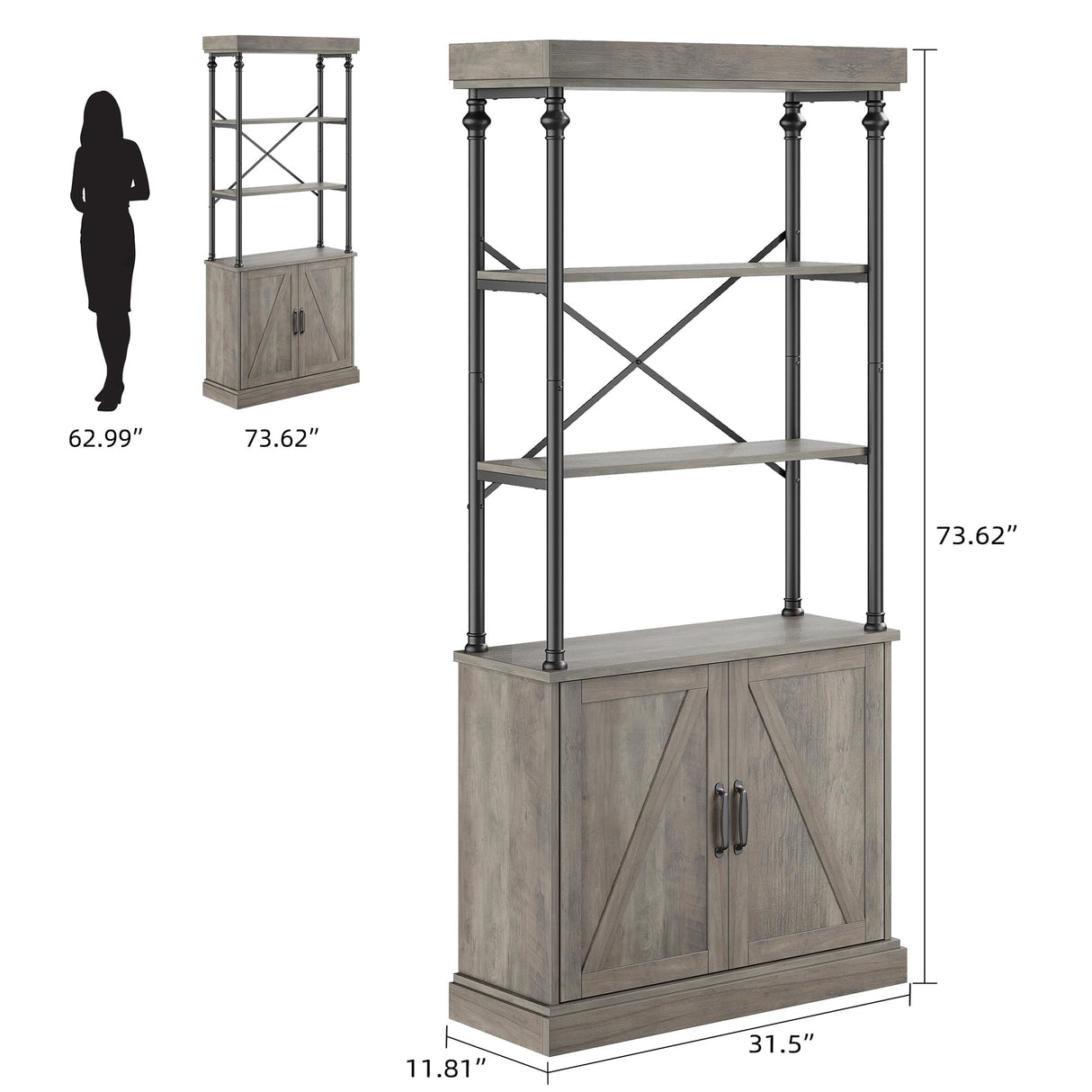 IDEALHOUSE Tall Bookshelf with Doors 73.62in Industrial Storage Open Rack Shelf with Cabinet Wood and Metal Bookcase Farmhouse Bookshelves Large Vintage Display Rack Home Office IDEALHOUSE