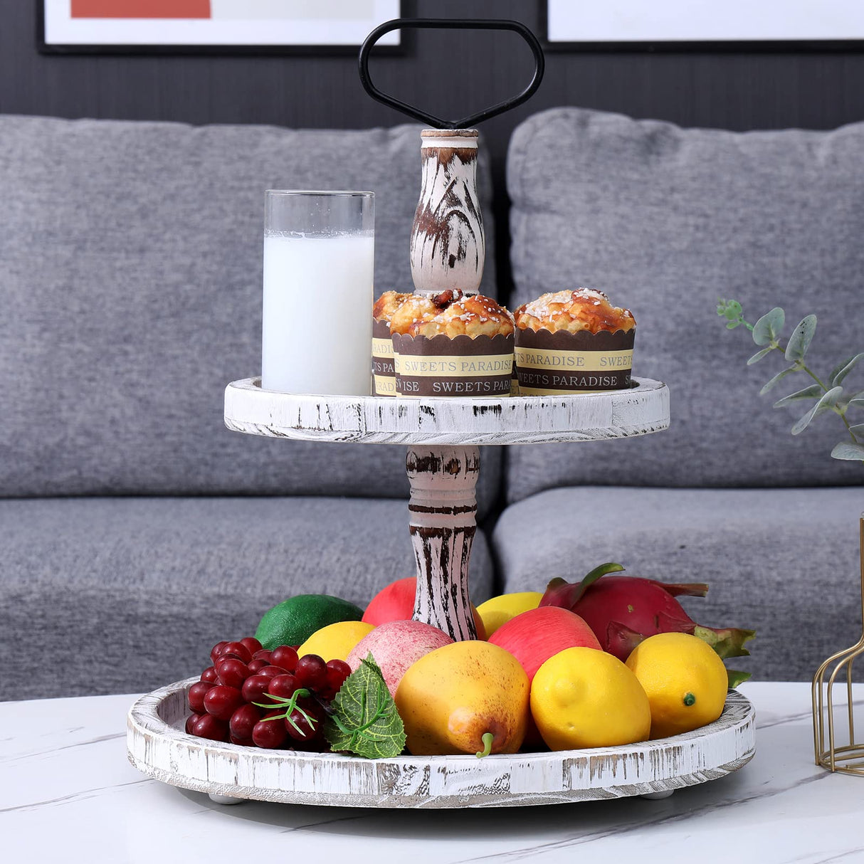 LKMANY Tiered Tray Cupcake Stand 2 Tier Tray Stand Serving Cakes Tray Decorative Trays with Handle,Round Rustic Stand for Kitchen,Homeware Display Platters for Party LKMANY