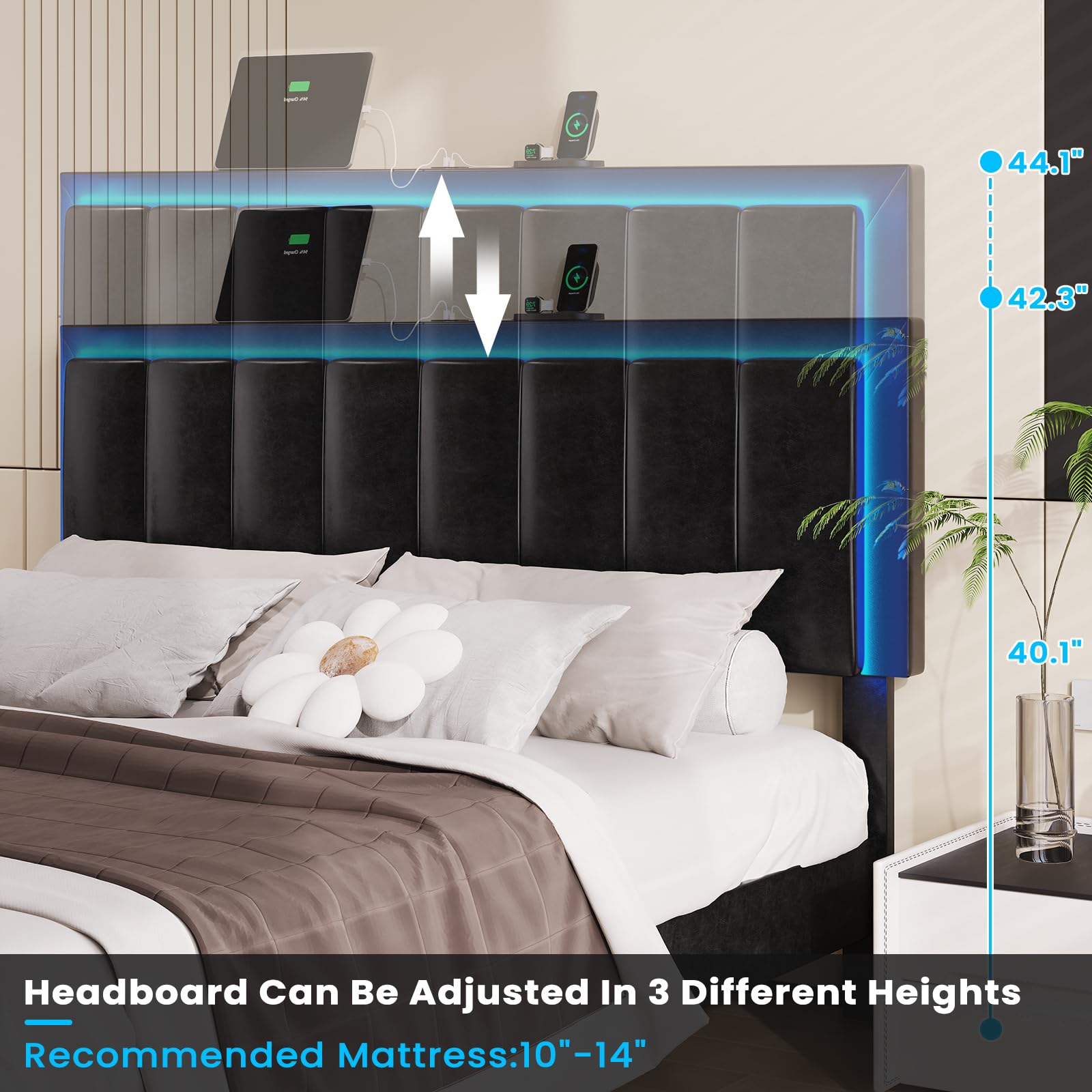 Modern DICTAC Queen Bed Frame with LED Headboard, USB Ports & Faux Leather Upholstery - WoodArtSupply