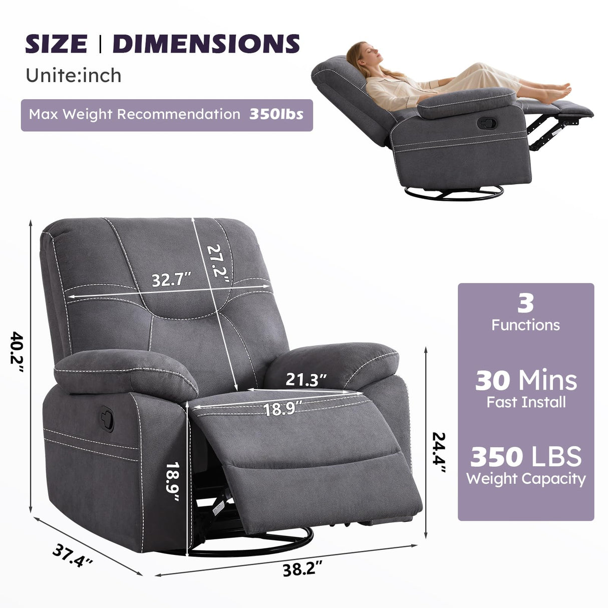 ANJ Oversized Swivel Rocker Recliner Chair for Adults, Manual Rocking Recliner Glider Recliner Nursery Chair Clearance with Decorative Stitching Soft Fabric Thick Cushion for Living Room Bedroom ANJ