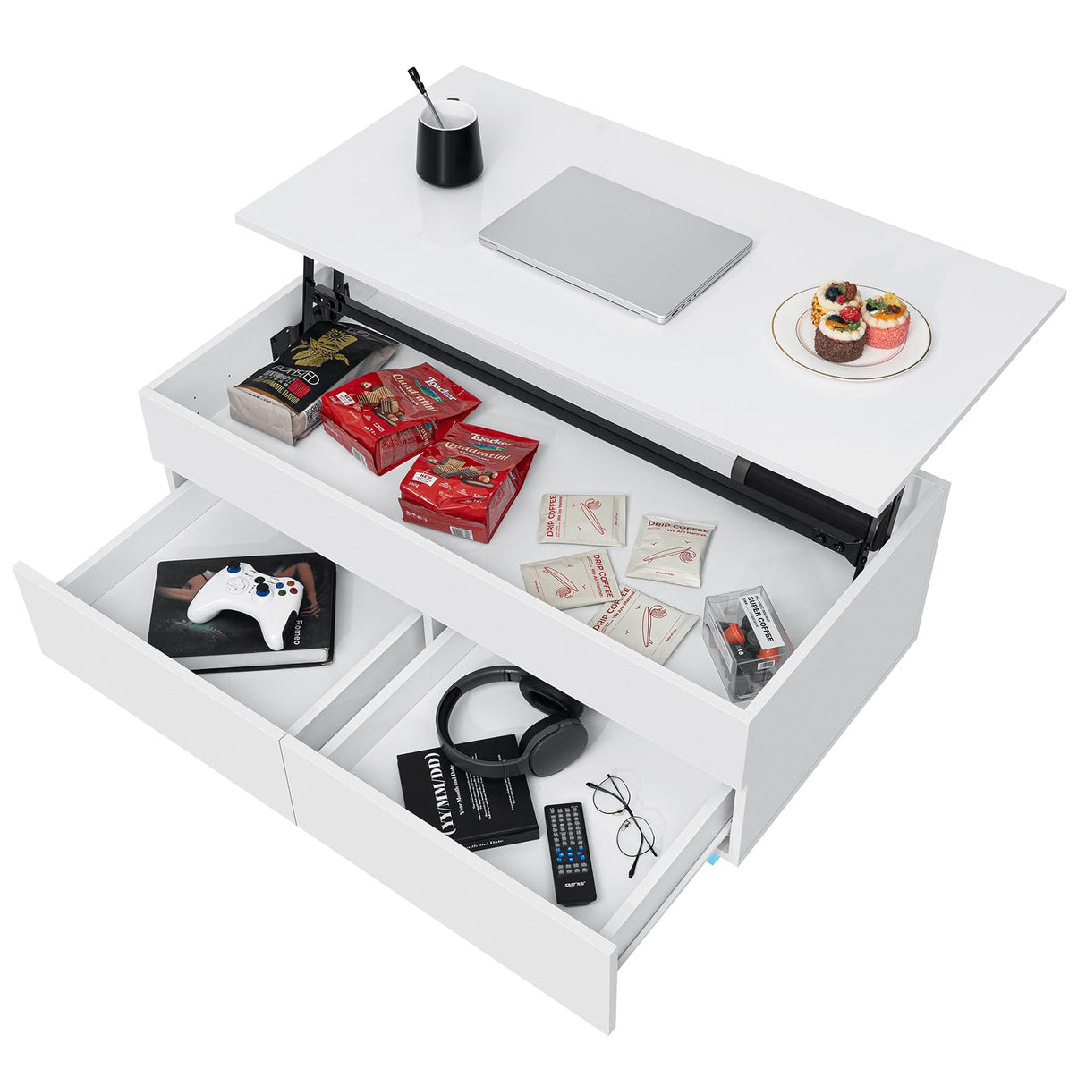 HOMMPA Lift Top Coffee Table with LED Light Morden Coffee table with Storage High Gloss White Coffee table for Living Room Tea Table with Storage Center Tables Hidden Compartment & 2 Drawers HOMMPA